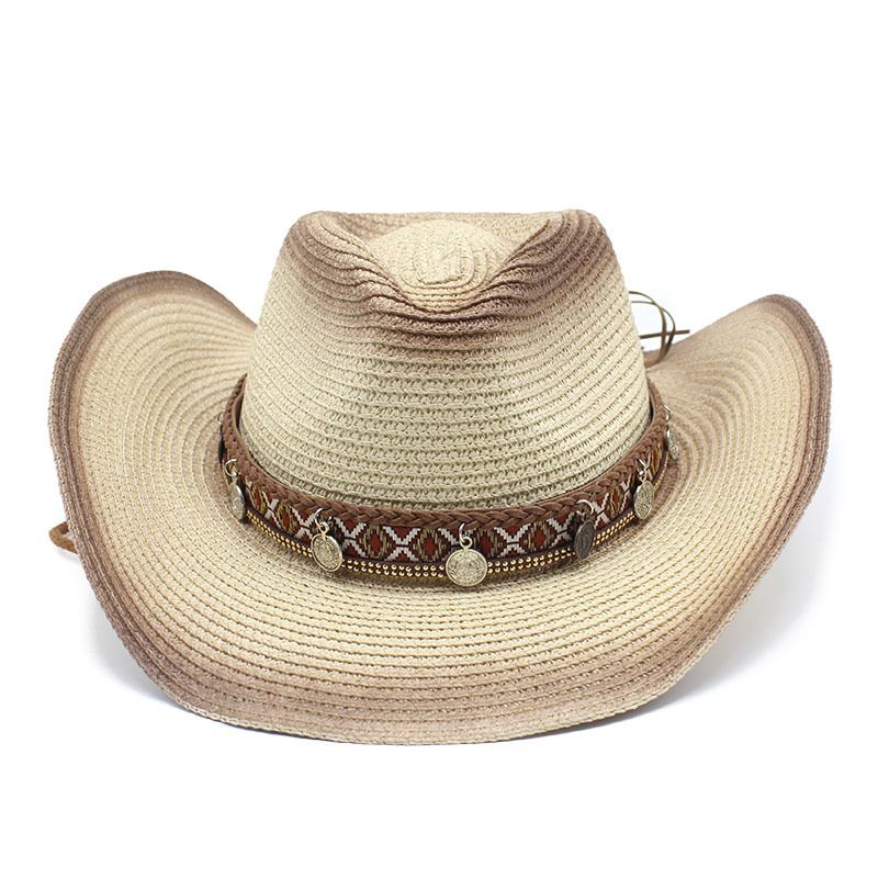 New Woven Straw Western Denim Drawstring Adjustable Knight Seaside Sunscreen Sun Hat_voghion.com