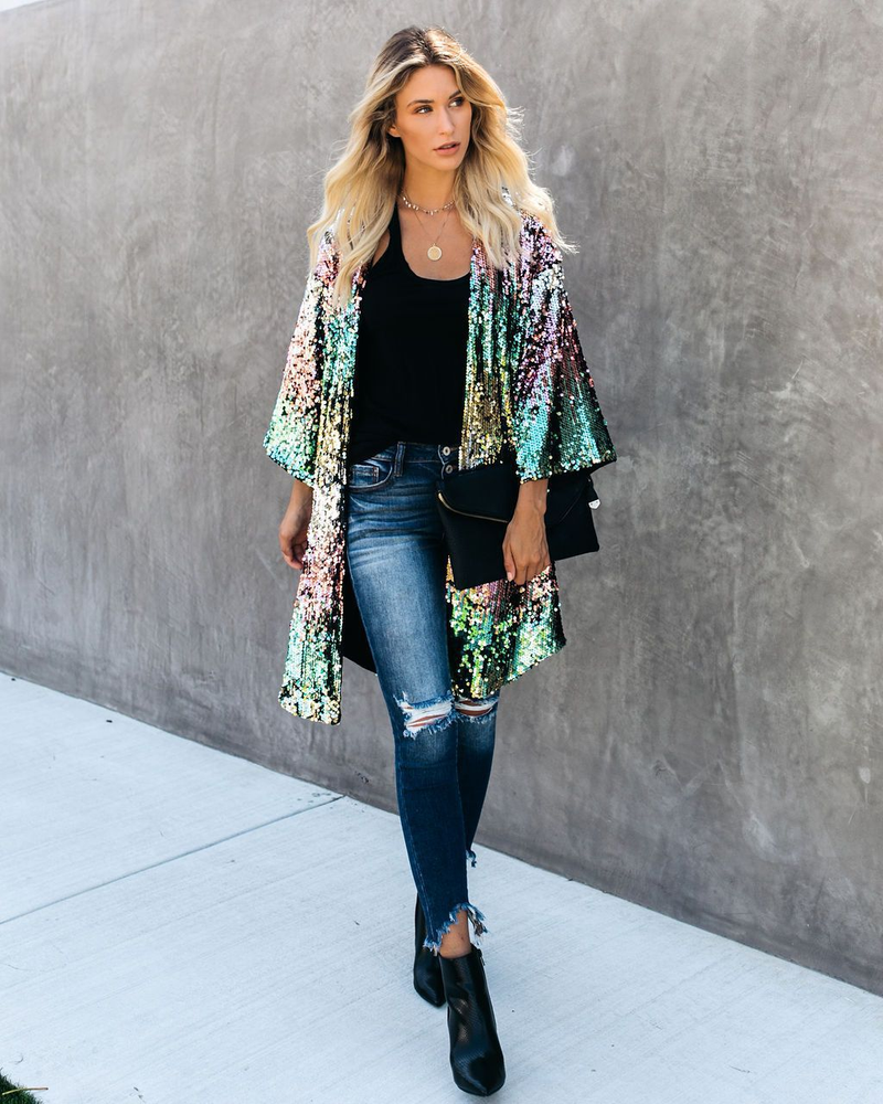 Abbigliamento da donna moda giacca a vento cardigan da strada personalizzata con paillettes colorate per donna_voghion.com