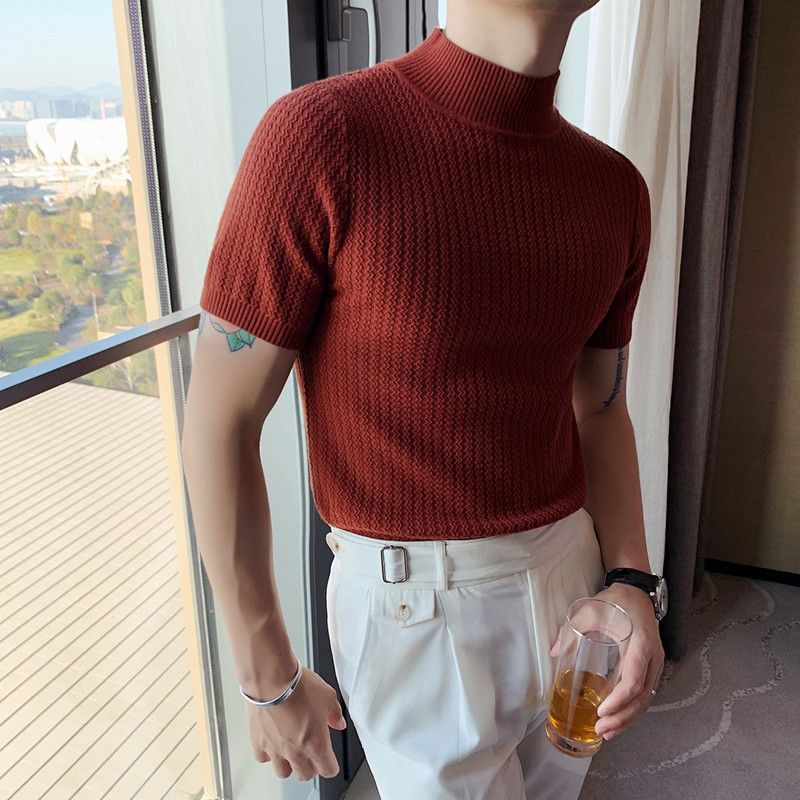 Frühling Herren Slim Fit Halbrollkragen Lässige Mode Hübsches T-Shirt Mittelhals Kurzarm Strickpullover Basis_voghion.com