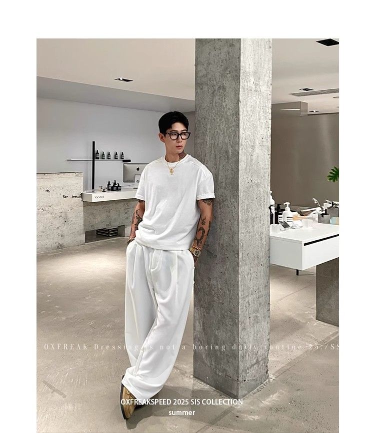 Pantaloni larghi da uomo, bianchi, a pieghe singole, in tessuto antirughe e drappeggiato, stile casual, Lao Qianfeng_voghion.com