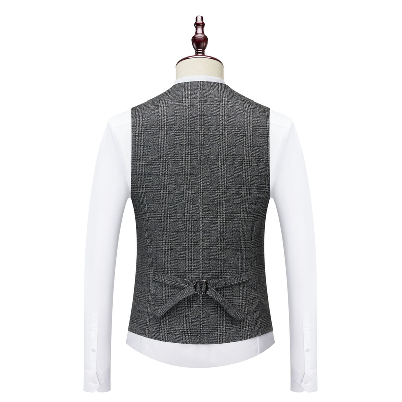 Conjunto de chaqueta de traje casual delgado a cuadros de ropa de hombre de 3 piezas_voghion.com