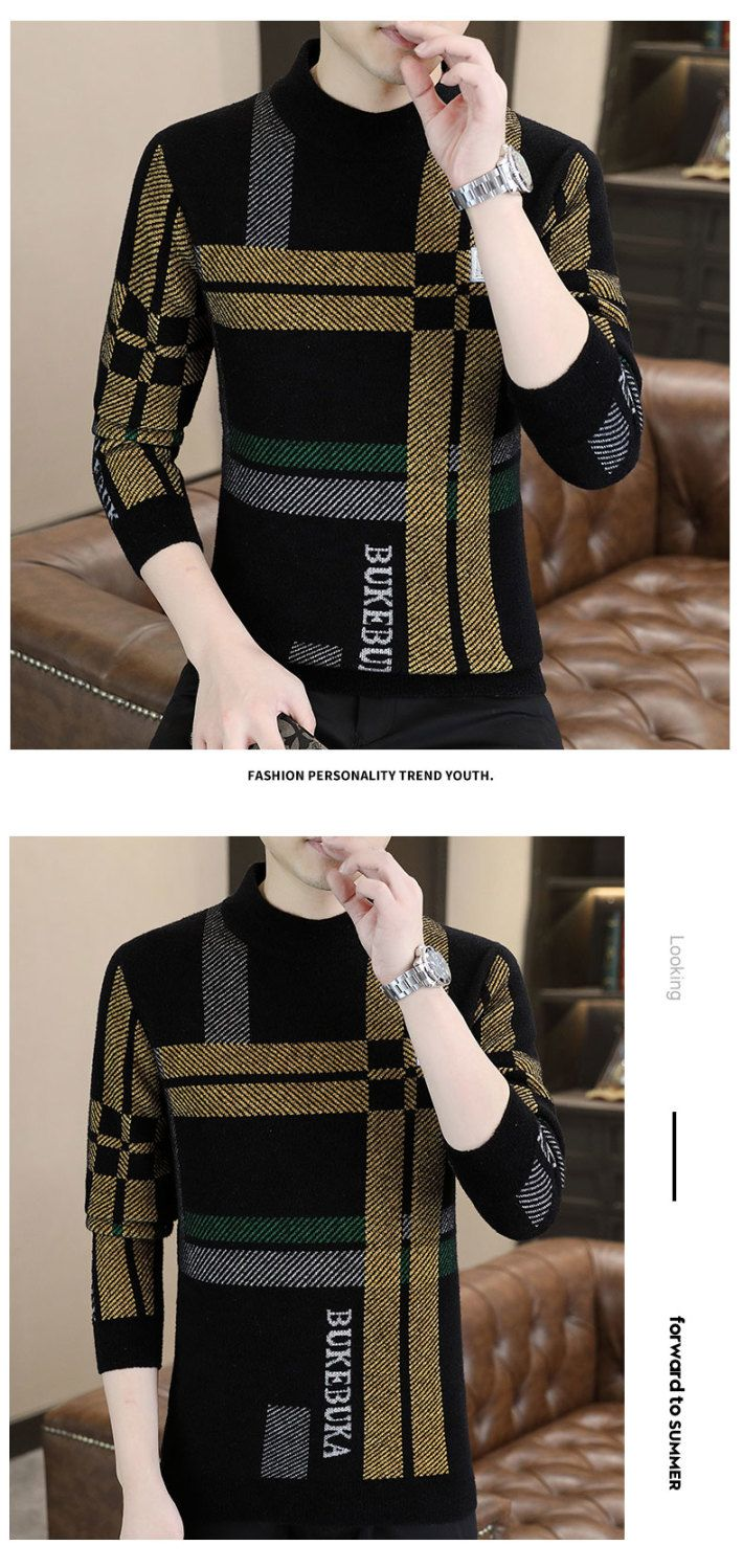 Mid neck sweater for men in autumn and winter, half high neck bottom shirt, striped jacquard high-end knitwear, new_voghion.com