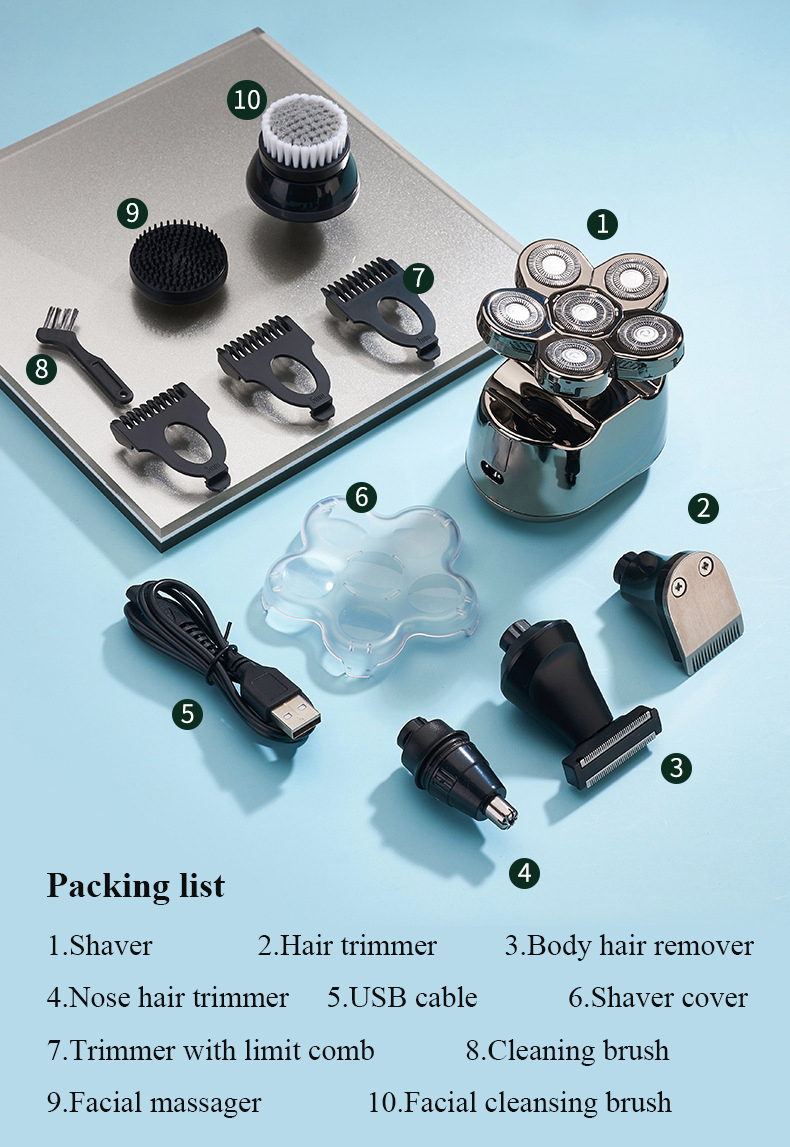 Upgrade 6 In 1 Electric Bald Head Razor Wet Dry Waterproof Rotary Shaver Grooming Kit With Beard Clippers_voghion.com