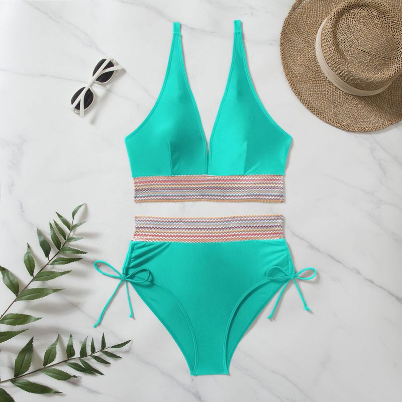 Women's Bikini High-waisted Split Color Matching Set Tether Pull Up Swimsuit_voghion.com