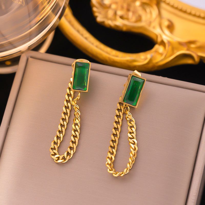 Set di collana e orecchini con bracciale quadrato verde semplice e zircone a doppia catena impilati per donna_voghion.com