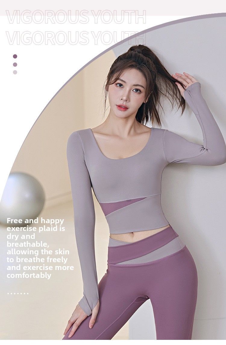Top da yoga a maniche lunghe attillato color pesca per sport all'aria aperta, dimagrante, autunno inverno_voghion.com