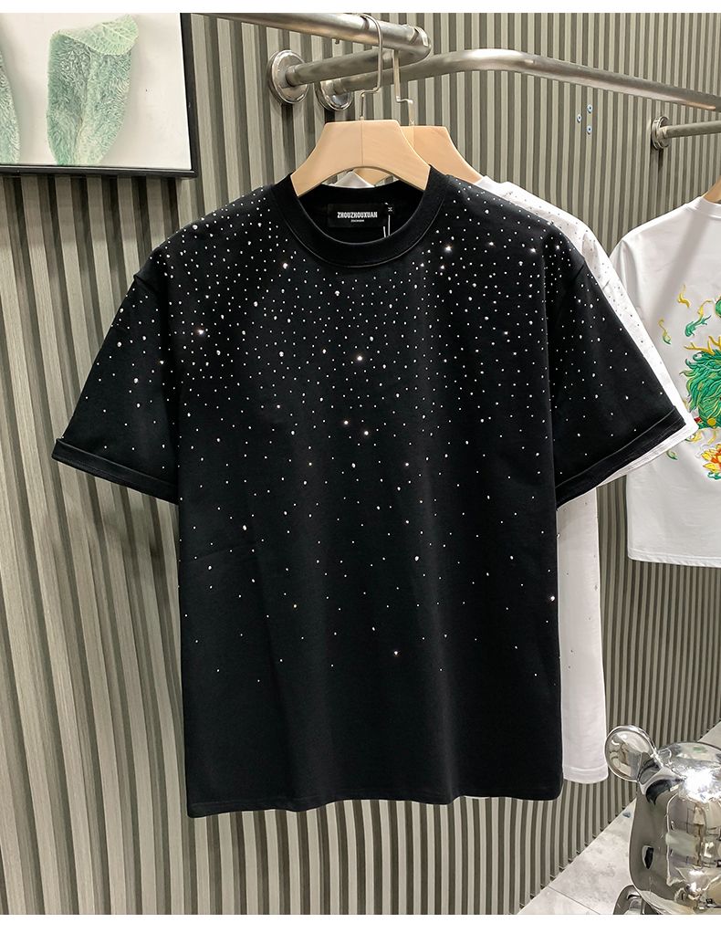 Marca de moda europea de moda ligera de lujo para hombres, pantalones cortos de Internet, celebridades, nicho, diamantes calientes, cuello redondo de alta gama_voghion.com