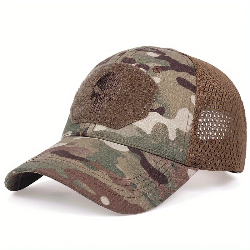 Baseball tattico da uomo con motivo a teschio con mimetica, cappellini snapback in rete traspirante stile militare alpinismo_voghion.com