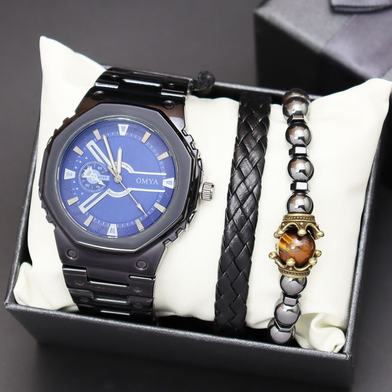 Geschenkbox Uhrenset Herren Quarz Wasserdicht Kalender Uhr Armband Stahlband_voghion.com
