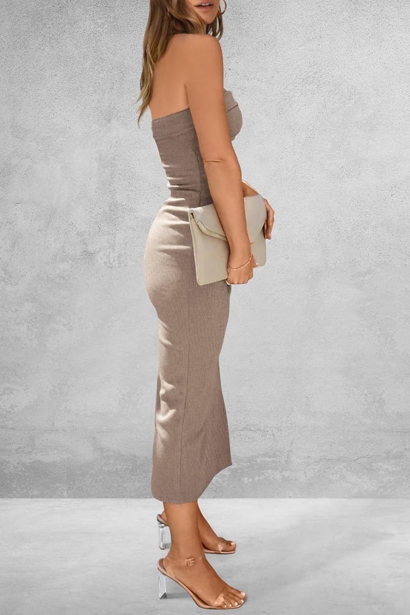 Damenbekleidung Sommer Bodycon Langes Kleid Geripptes Tube Top Seitenschlitz Elegantes Slim Fit Kleid für lässige Partykleidung_voghion.com