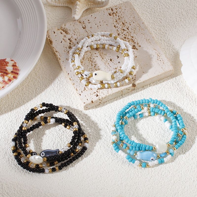 New Summer Beach Shell Rice Bead Color-Block For Women Fashion Ceramic Fish Bracelet Set Of 4_voghion.com