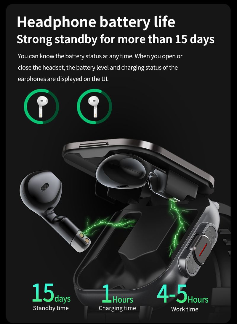 D8 Akıllı Saat TWS İki Bir Arada Bluetooth Kulaklık 2 İnç Tam Ekran Dokunmatik Arama Kalp Atış Hızı Spor_voghion.com