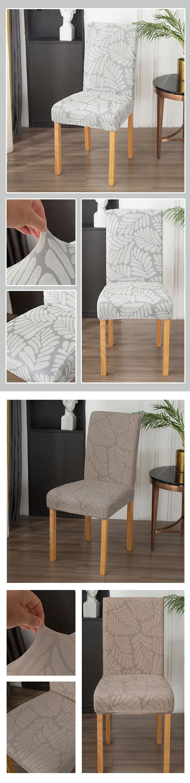 Leaf Jacquard Elastic Chair Covers - Full Back Dining Chair Slipcovers, Stretch Fit & All-Season Use_voghion.com