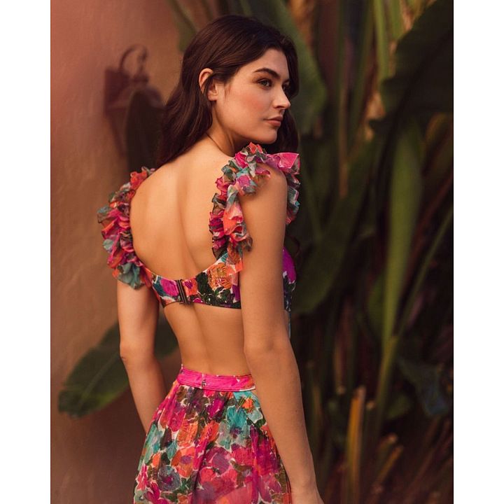 Maillot de bain une pièce pour femme, ensemble maillot de bain une pièce à imprimé ajouré, col licou et jupe parapluie_voghion.com