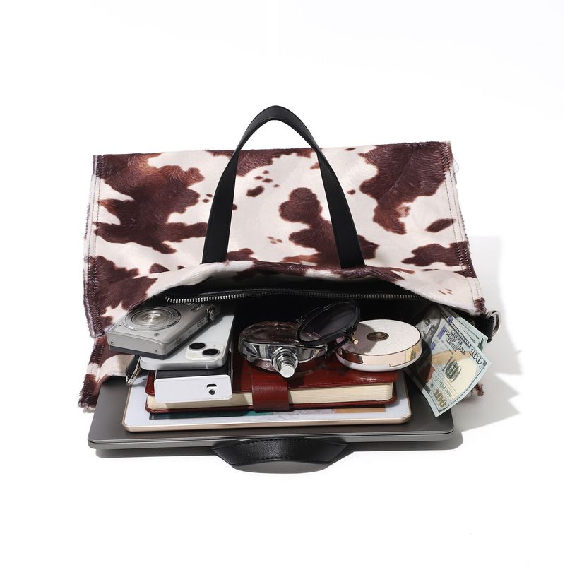 Cow Print Plush Tote Bag Women's Retro Leopard Print Plush Tote Bag Shoulder Bag Messenger Bag_voghion.com