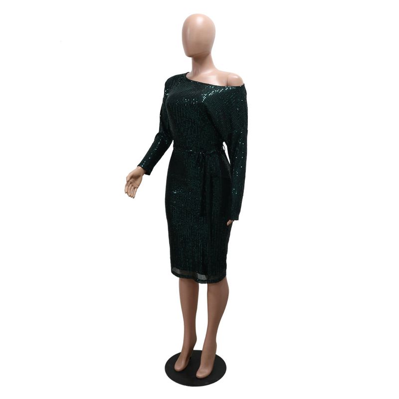 Schulterfreies Wickelkleid mit Pailletten – Glamour-Kleid mit langen Ärmeln (S–XXL, Stretch-Polyester, Smaragdgrün und Nude, für Feiertagspartys und Verabredungen am Abend)_voghion.com