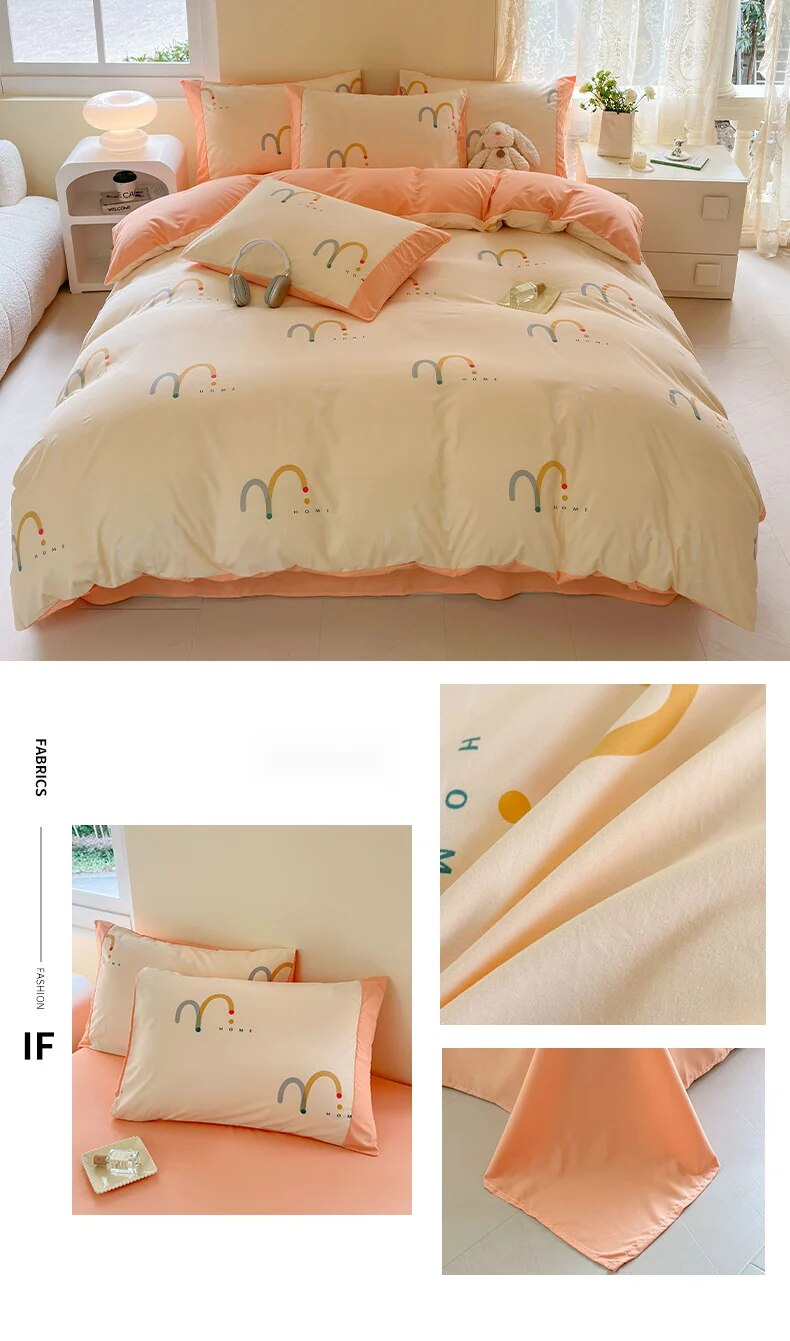Set di tre pezzi di biancheria da letto per dormitorio a quattro molle di classe A, lenzuolo e copripiumino stampati con cartoni animati minimalisti_voghion.com