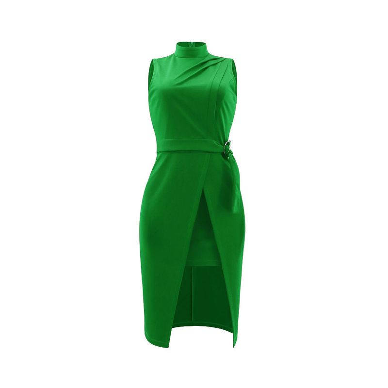 Damen Rundhals ärmelloses Nähkleid Schnürung einfarbig Pendler zweiteiliger Rock Midirock_voghion.com