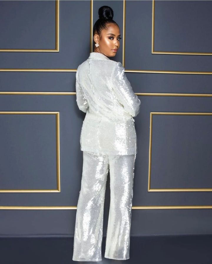 Damenbekleidung Langärmliger Jumpsuit mit V-Ausschnitt und Pailletten, zweiteiliger Anzug_voghion.com