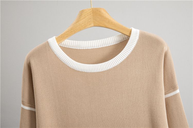 Completo elegante con maglione lavorato a maglia e pantaloni a gamba larga - Ricamo floreale, completo casual chic in due pezzi (disegno a righe e jacquard, misto viscosa e poliestere)_voghion.com