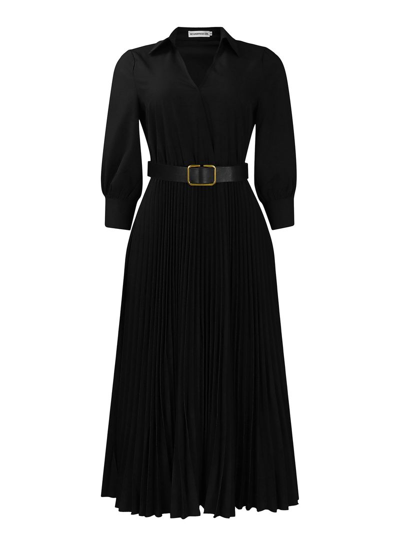 Abbigliamento da donna Nuovo alla moda con risvolto, manica lunga, vita alta, temperamento, plissettato, colore solido, abito_voghion.com