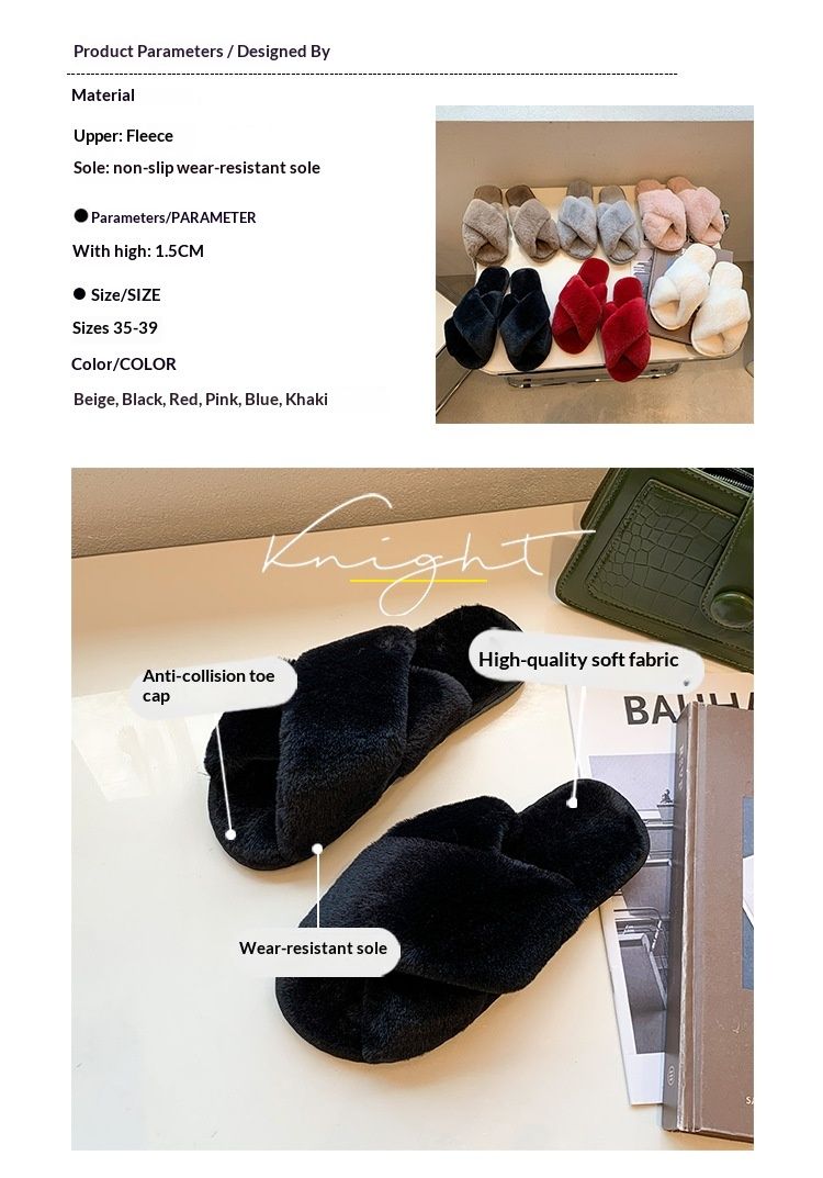 Pantoufles d'intérieur plates et basiques en fourrure, couleur unie, pour femmes, bout ouvert, Voyage Foreign Trade Cross-border_voghion.com