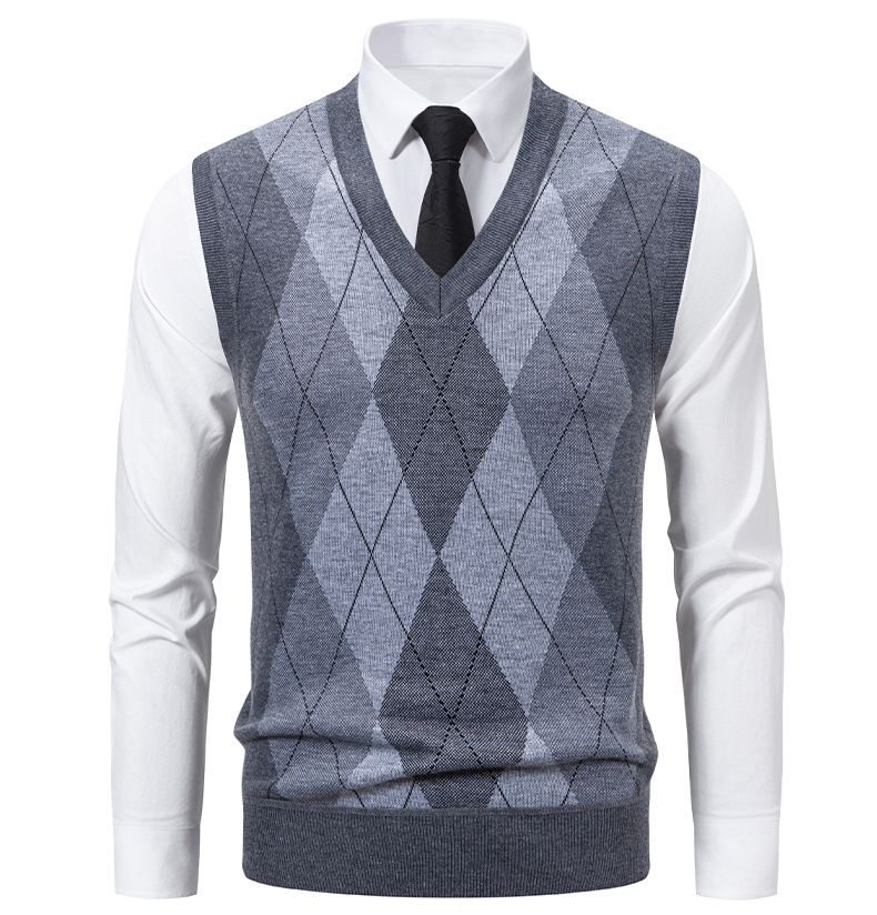 Herrenbekleidung, V-Ausschnitt, Jacquard, Slim Fit, V-Ausschnitt, Jacquard-Strickpullover für Herren – leichtes, ärmelloses Pullover-Oberteil (Grau, Marineblau, Weinrot)_voghion.com