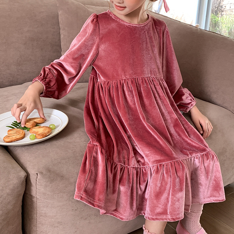 Rotes Herbst-Samt-Langarm-Kinder-Prinzessinnen-Neujahrskleid für Mädchen_voghion.com