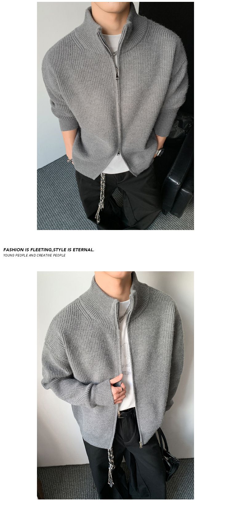 Herrenbekleidung – Strickjacke mit Stehkragen – Verdickter Retro-Pullover für Herbst und Winter, Slim Fit-Basisschicht, Stretch-Polyester-Mischgewebe, Grau und Schwarz_voghion.com
