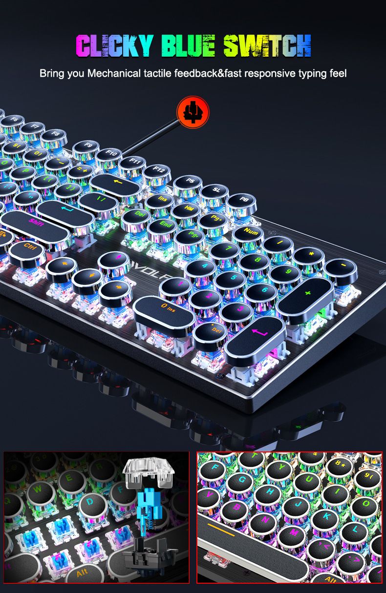 YT75 Mechanical Keyboard Gaming Metal Panel Punk Round Keyboard Russian Korean_voghion.com
