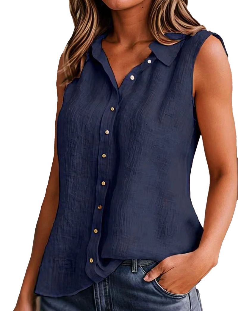 Camicia monopetto con risvolto in tinta unita da donna, in cotone e lino, senza maniche, ampia_voghion.com