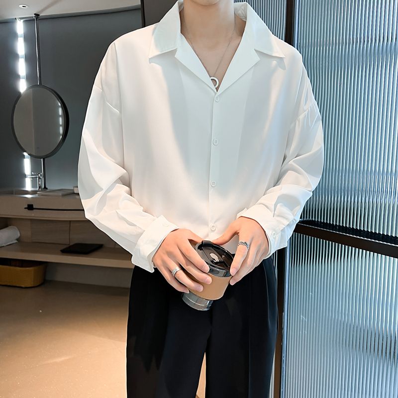 Unbeatable Quality New White For Men Long Sleeves, Trendy Cool Design, Niche Versatile With A Hanging Feel. Spring And Autumn Cuban Collar_voghion.com
