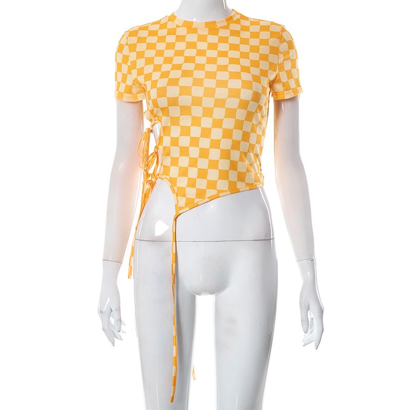 Q23TP238 Top asimétrico con lazo lateral a cuadros amarillos irregulares para verano, nuevo_voghion.com