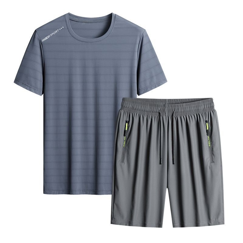 Completo da uomo casual a due pezzi, in seta ghiacciata, con maniche a palloncino e pois, per corsa e fitness, taglie forti_voghion.com