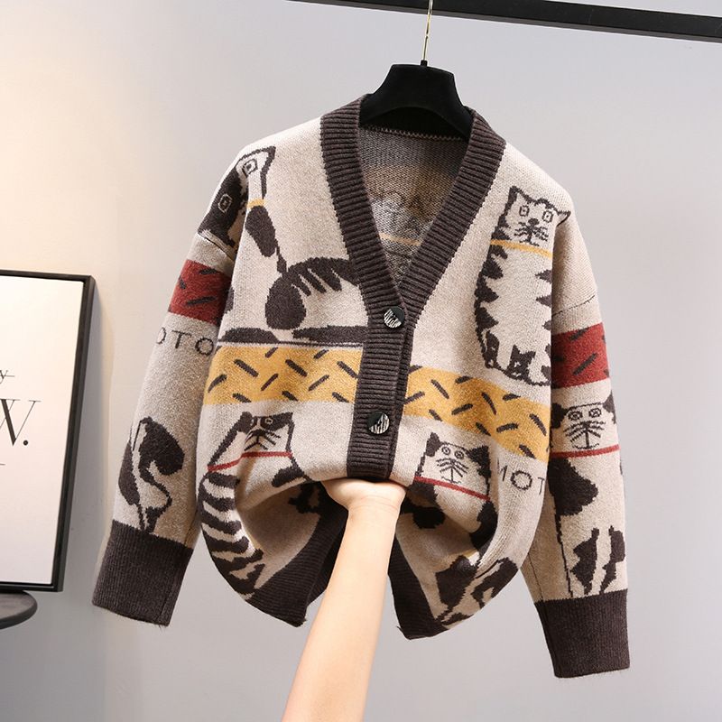 Pullover-Strickjacke mit Cartoon-Katze und Farbblock, lockerer Strickmantel mit offener Vorderseite, modisch und vielseitig, Herbst/Winter-Chic_voghion.com