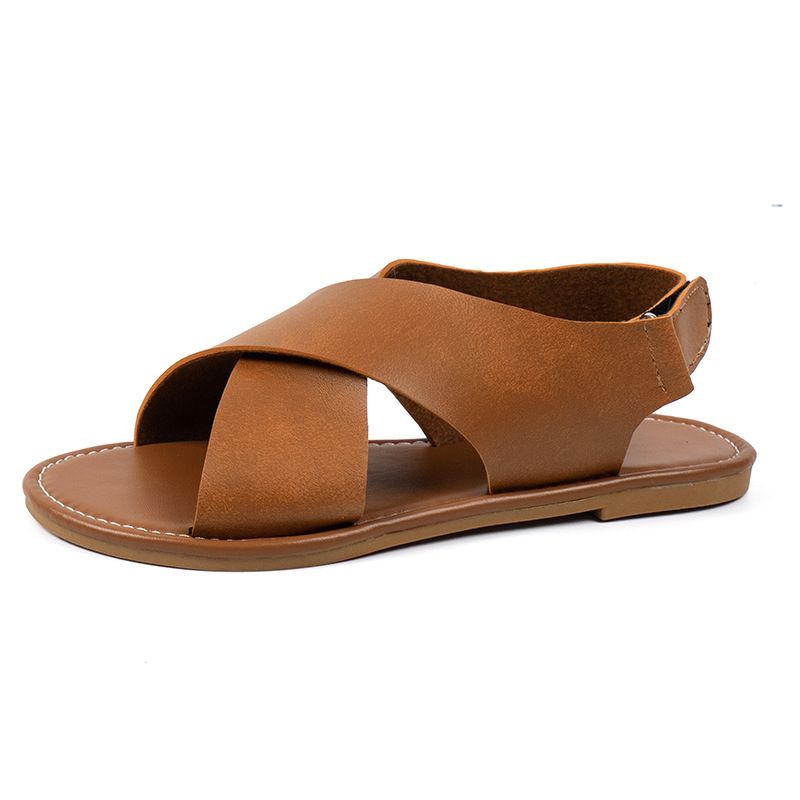 Große flache Sandalen mit gekreuzten Riemen für Damen, breites Band, gestreift, offene Zehenpartie, Strand-Hausschuhe_voghion.com