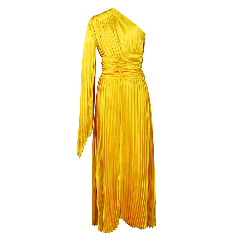 women's clothing new one-shoulder pleated long skirt oblique collar waist dress _voghion.com