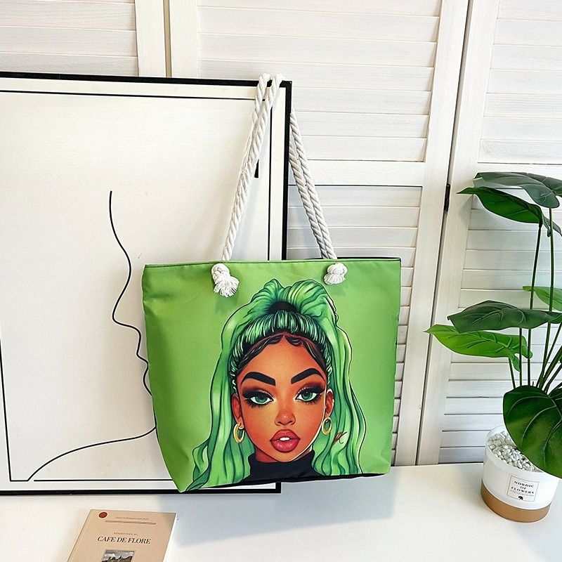 Outdoor Practical Versatile Retro Canvas Bag Cartoon Printed Portable Beach Bag Large Capacity Tote Bag_voghion.com