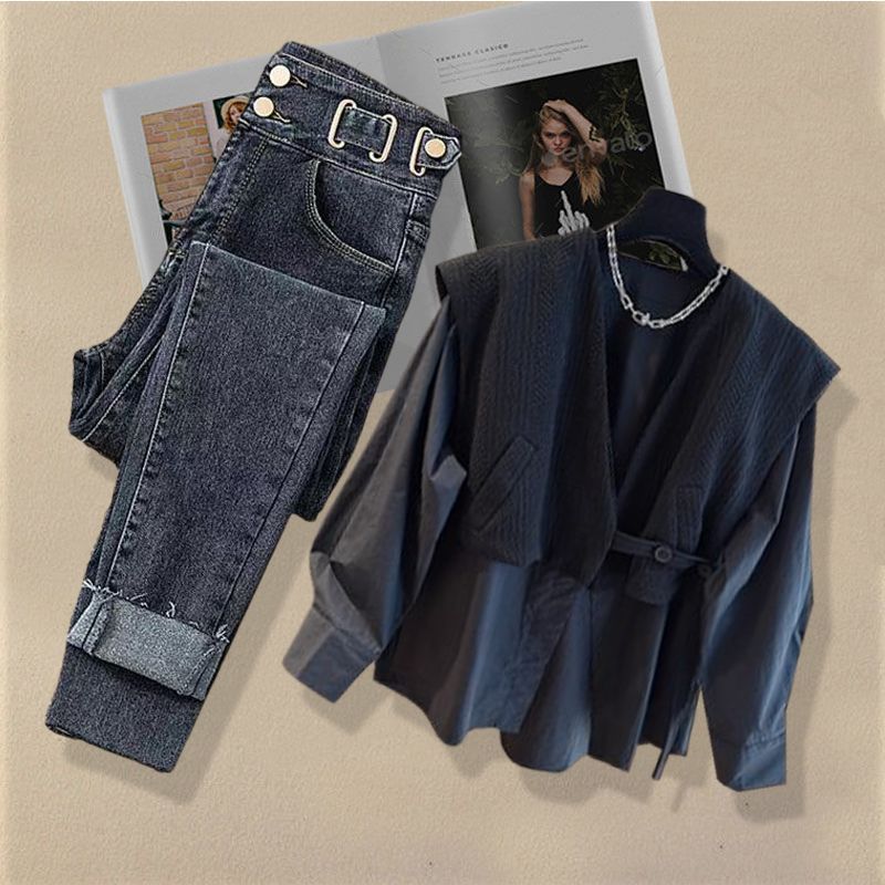 Plus Size Women's Autumn Outfit Set Fashion Trends Spring And Autumn Travel Kit - Slimming Casual Shirt & Jeans Two-Piece_voghion.com