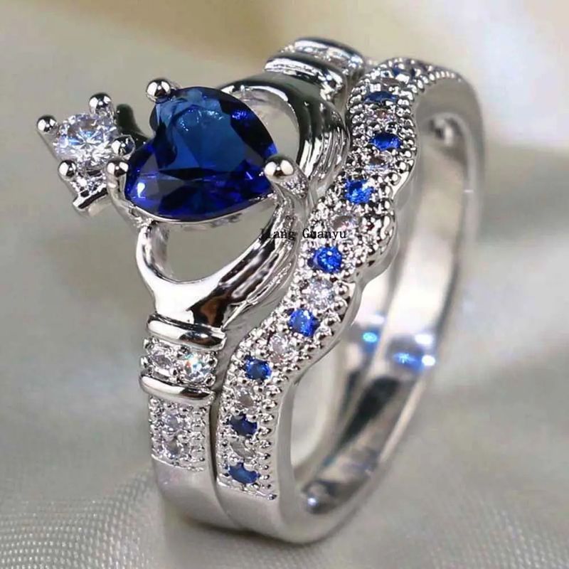 Moda Moda Casal Tendência Homens Aço Inoxidável Anel Dragão Celta Elegante Mulheres Azul Zircão Coroa Anéis Conjunto Jóias de Casamento_voghion.com