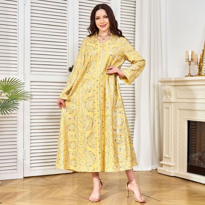 Robe musulmane pour femmes, vêtements d'usine, abayas à manches longues, jupe longue jaune à paillettes_voghion.com