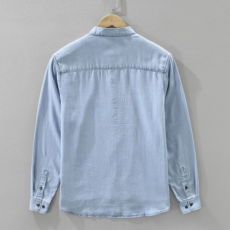 Camicia casual da uomo in denim retrò con colletto alto e maniche lunghe_voghion.com