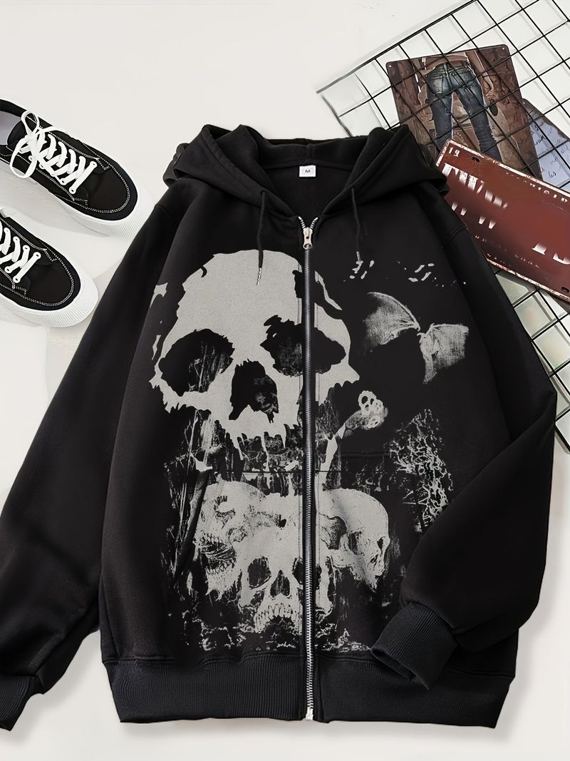 Herren-Hoodie mit Gothic-Totenkopf-Print – Schwarzes Sweatshirt mit Reißverschluss und Fleecefutter, Oversize-Passform, Langarm, Unisex-Streetwear für Freizeitkleidung_voghion.com