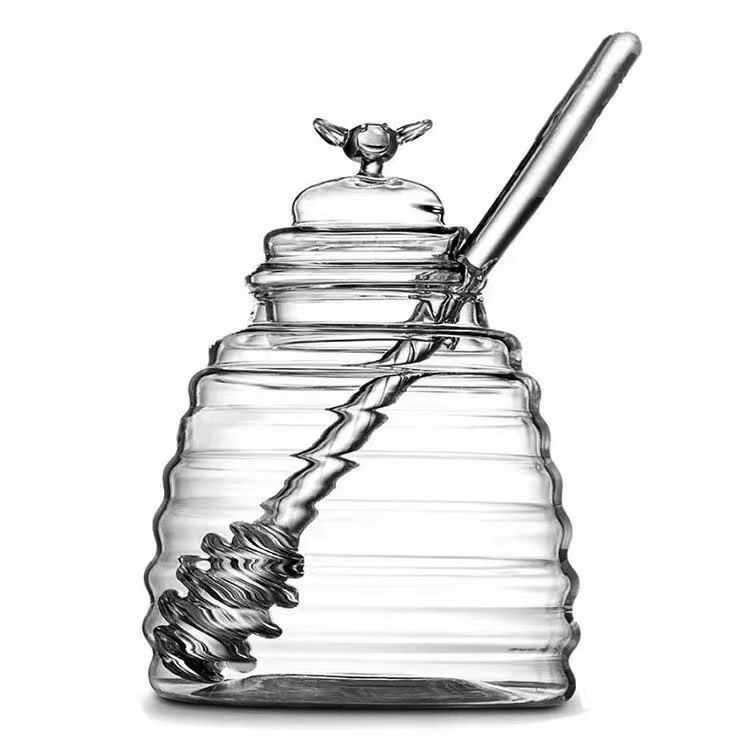 Tarro de vidrio para miel con cucharón de madera - Tapa hermética - Elegante almacenamiento para mermeladas y untables (Apto para lavavajillas, capacidad de 345 ml)_voghion.com