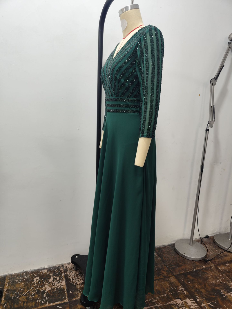 Women's chiffon double V-neck long skirt A-line large hem sequined stitching evening dress_voghion.com