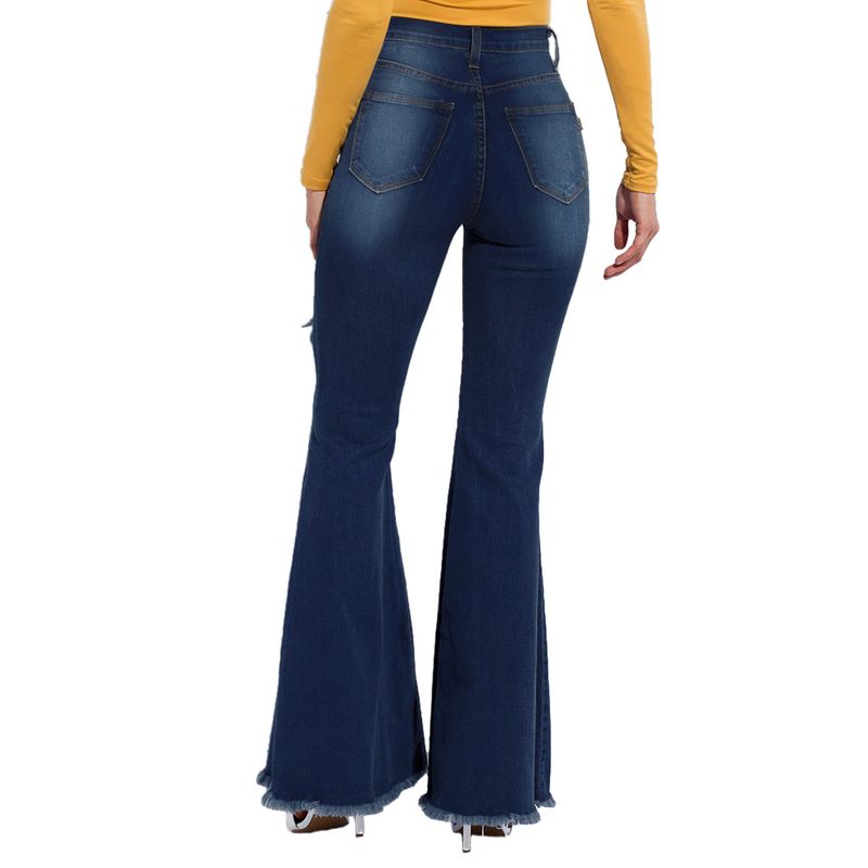Modische Damenbekleidung mit weitem Bein, ausgewaschener, zerrissener Denim-Stretch-Schlaghose_voghion.com