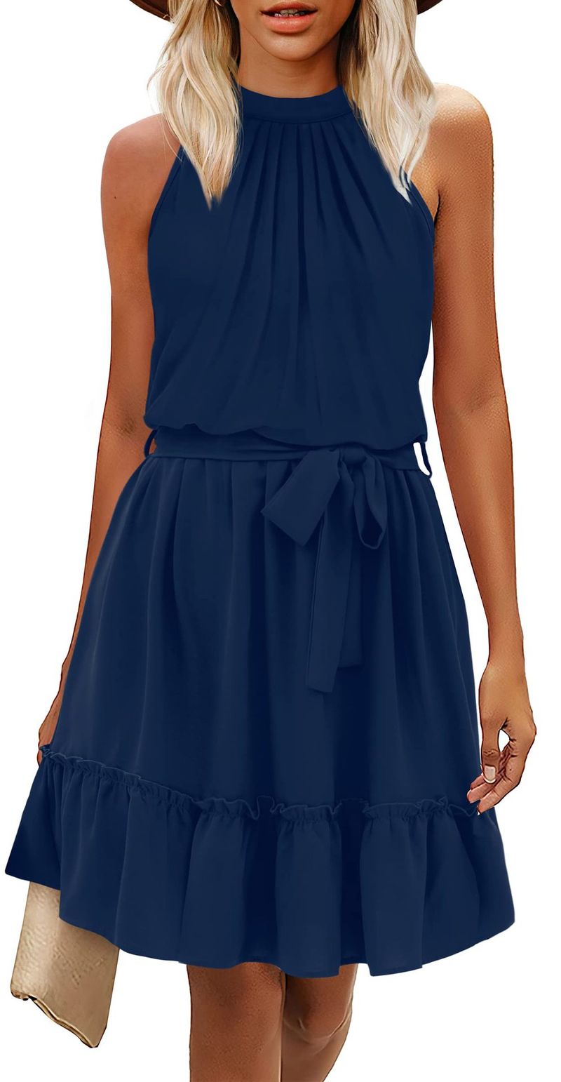 2023 Frühling und Sommer, A-Linien-Rock, Neckholder, florales Schnür-Tunika-Kleid mit offenem Rücken_voghion.com