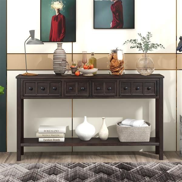 Rustic Entryway Console Table, 60' Long Sofa Table With Two Different Size Drawers And Bottom Shelf For Storage (Espresso)_voghion.com