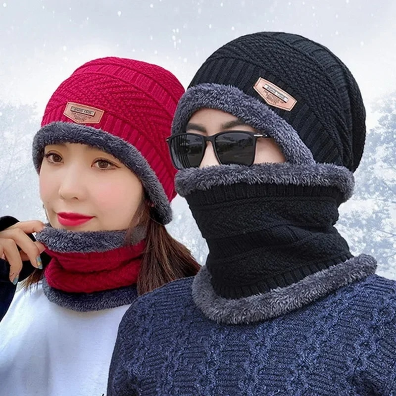 Gestrickte Wintermütze für Herren, dicker Fleece-Kragen, Schal, Sturmhaube, Mundmaske für Herren_voghion.com