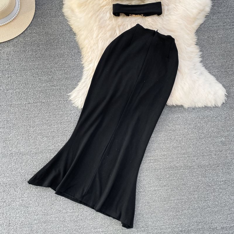 Vêtements pour femmes Sac taille haute à la mode Fille chaude Sexy Crossover Deux pièces Gilet court plissé Col en V Slim Costume Jupe de hanche_voghion.com